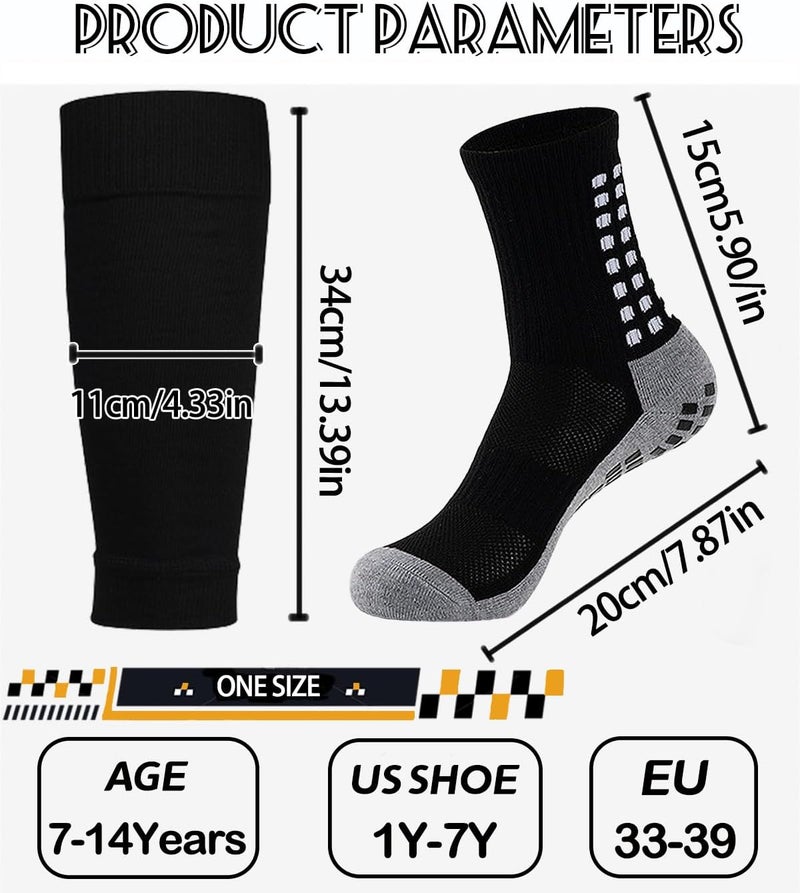 KMOLY 1 Set Kids Grip Soccer Socks and Shin Guard Sleeves for Age 7-14 Youth Boys Children Football Basketball Training - Image 5